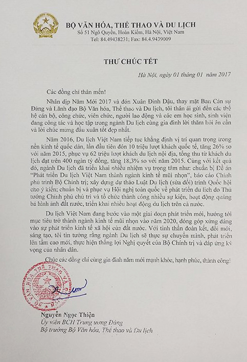 Bộ trưởng Bộ VHTTDL Nguyễn Ngọc Thiện gửi thư chúc Tết tới ngành Du lịch